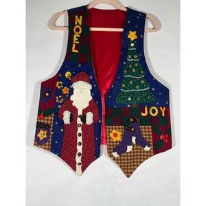 VTG Handmade Womens Christmas Vest Santa Snowman Tree Appliques Holiday Fun Sz L